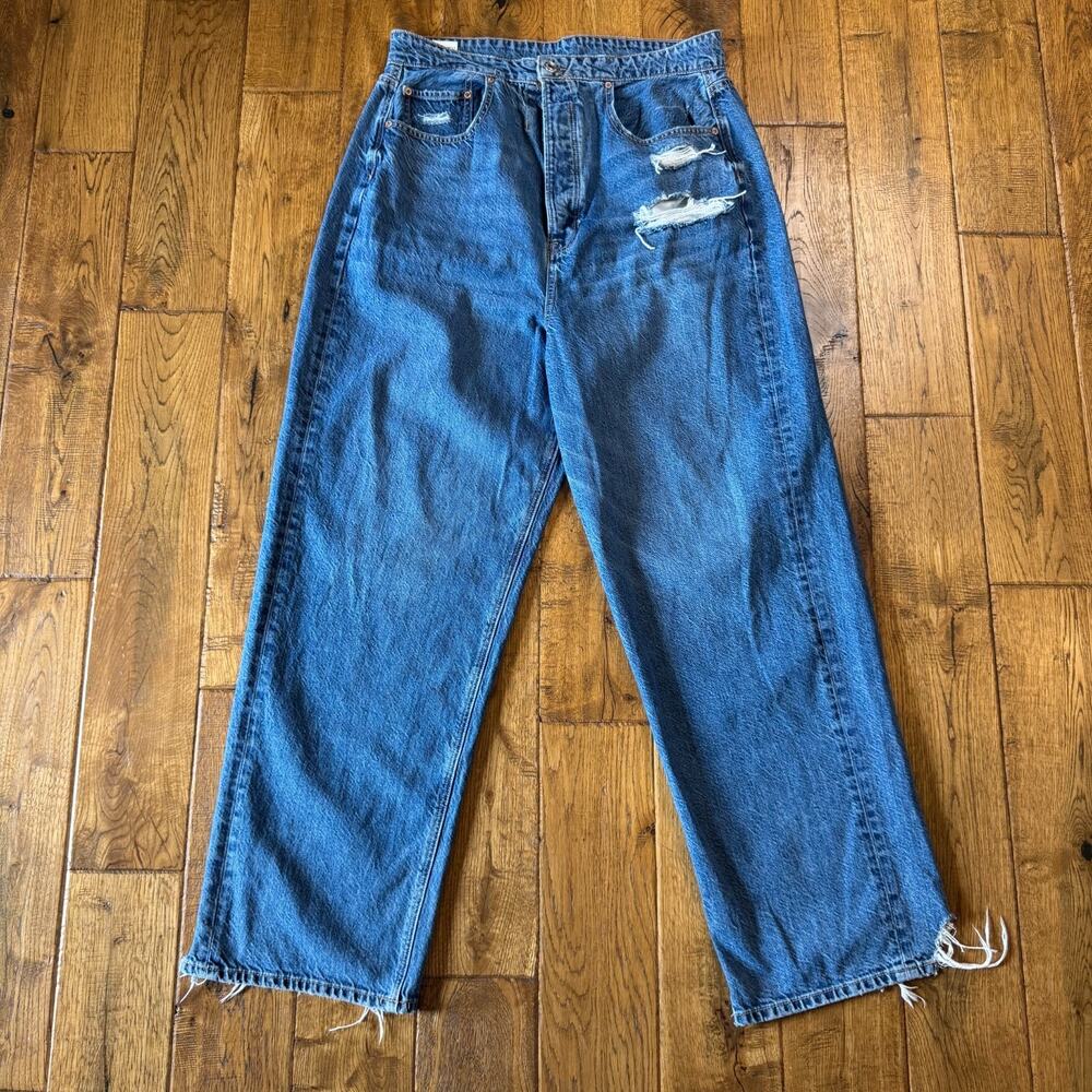 American Eagle Jeans Women 14S High Rise Baggy Wide Leg Button Fly Distressed